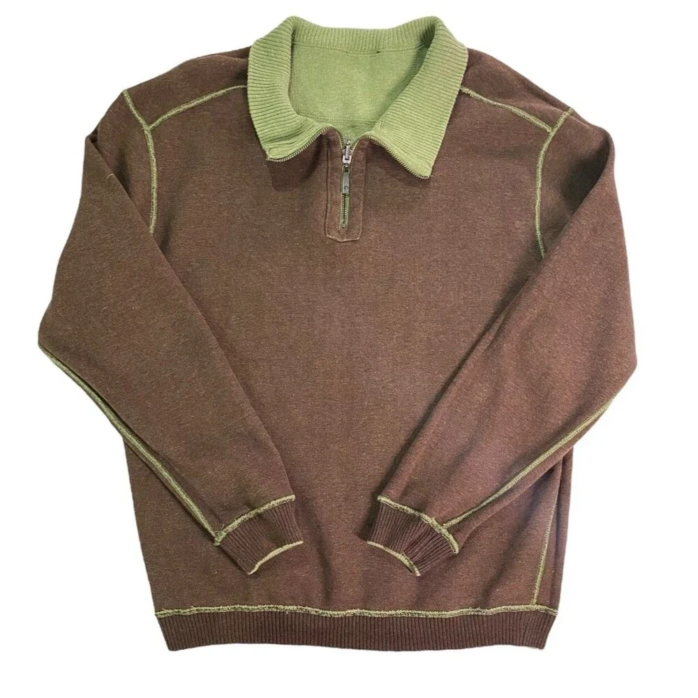 Alan Flusser Mens XL Reversible 1/4 Zip Pullover Sweater Green Brown Cotton